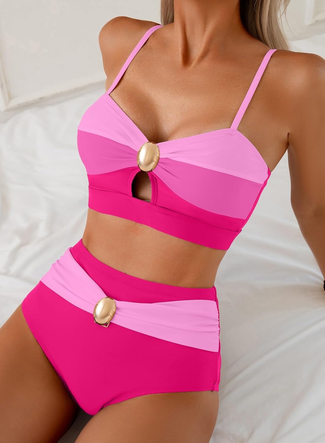 Herseas Women's 2 Piece Colorblock Bikini Sets Oval Metal Cutout Swimsuit High Waisted 2026 Beach Summer Swim Bathing Suits - Image 3