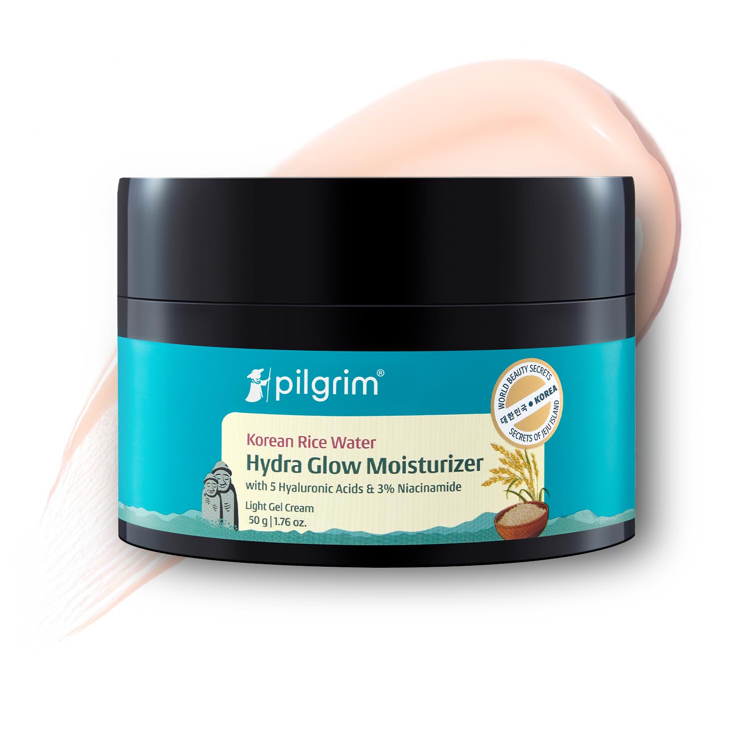 Pilgrim Korean Rice Water Hydra Glow Moisturizer 50Gm with 5 Hyaluronic Acids, 3% Niacinamide, 5 Ceramides | Deep Hydration & Glass Skin Glow | Oil-Free, Lightweight Gel | All Skin Types | Women, Men