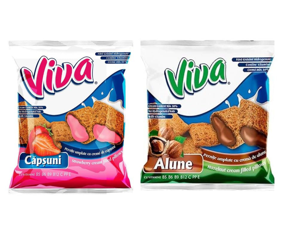 VIVA PILLOWS Cream-Filled Crunchy Pillow Snacks Variety Pack (Cocoa, Vanilla, Peanut & Strawberry) – Romanian Sweet Pillow Bites – 200g Each (Pack of 4)