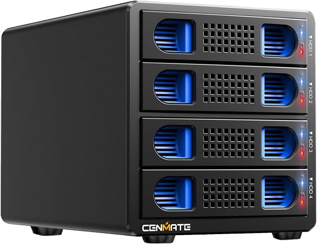 4 Bay RAID Festplattengehäuse mit Lüfter for 2.5/3.5" SATA HDD/SSD with USB A/C 3.0 Kabel, Werkzeugloses Aluminium HDD Gehäuse, DAS