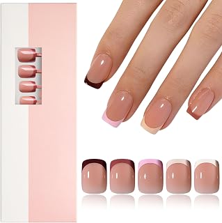 AddFavor French Tip Press on Nails Short Square Fake Nails - 160Pcs Skin Tones French Tip Nails Press ons Nail Brown Acrylic Glue on False Nail Tips with Glue and Adhesive Tabs 16 Sizes