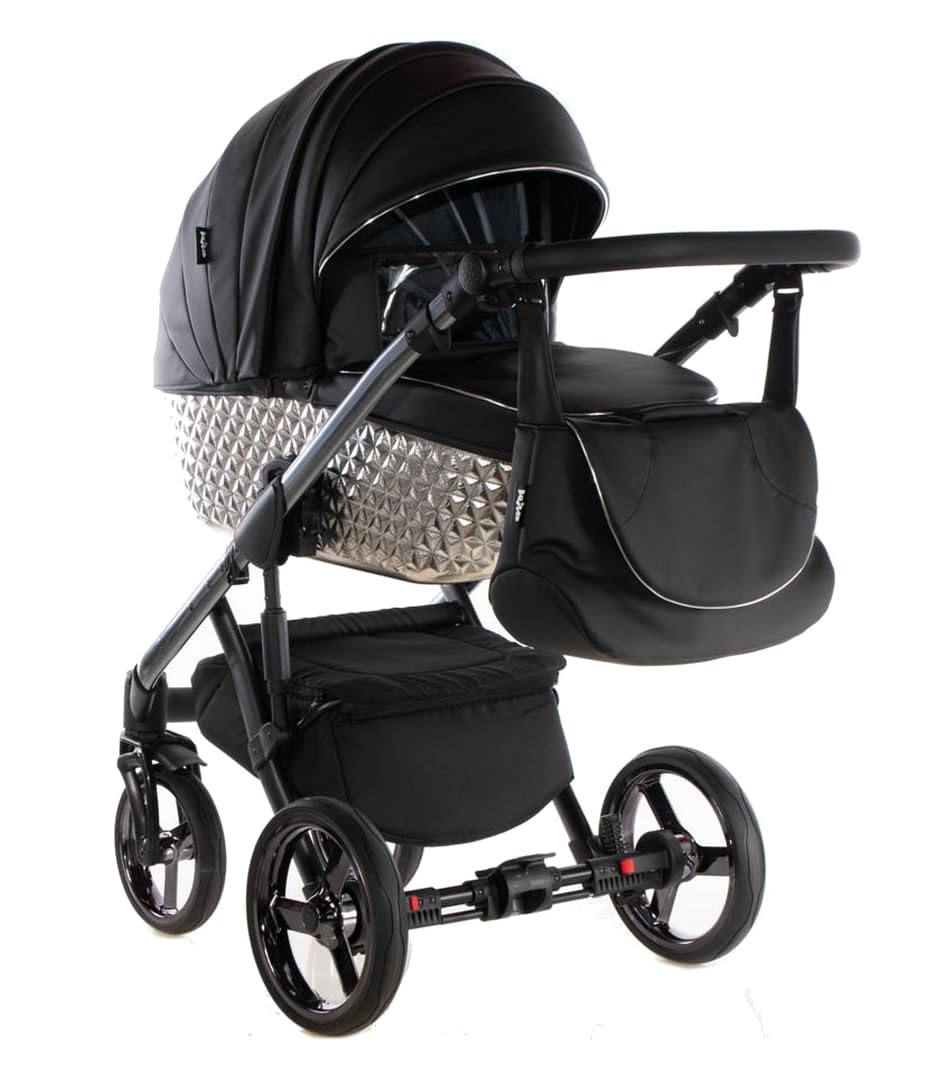 Passeggino MAGNUM BBtwin 3in1 passeggino completo 3 pezzi ecopelle trio: navicella, passeggino, seggiolino auto. Dettagli in oro e argento. Nero argento