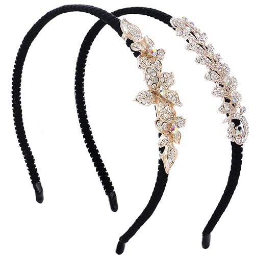 NODG Paquete de 2 diademas de diamantes de imitación para mujer, piezas de pelo con joyas de moda, envolturas antideslizantes para el cabello, aros