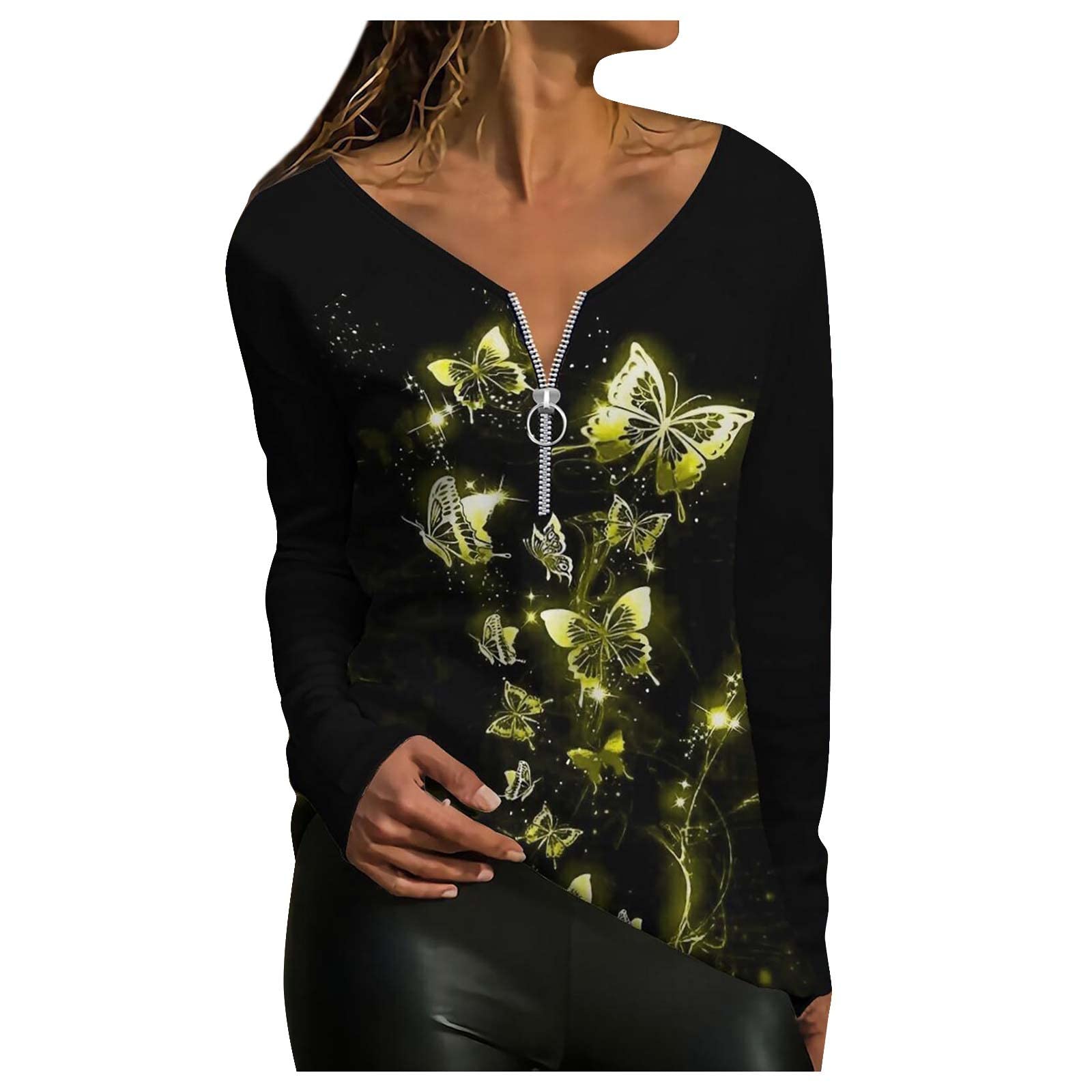 Topassionwomens tunic tops,long sleeve Blouse Longline Swing Tunic Top Loose Fit Blouse T Shirt V-Neck Zipper pleated Comfortable