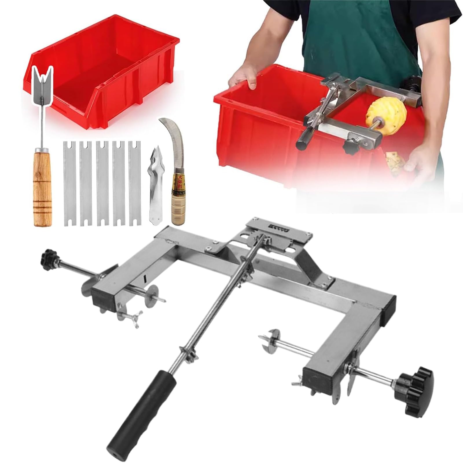 Ananasschälmaschine mit Korb, Edelstahl Einstellbarer Fruchthautentferner für den gewerblichen Gebrauch, ideal für Obstläden und Bauernmärkte