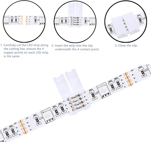 Miniatura 5 de KUANVE Kit de conector de tira de luz LED de 4 pines, cable de extensión RGB, cable divisor de 4 vías, conectores sin soldadura de 0.394 pulgadas y