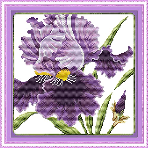ITSTITCH Stamped Cross Stitch Kits for Beginners Full Range of Crossstitching Preprinted Pattern Kids or Adults, Embroidery Needlepoint Starter 14CT 2 Strands-Purple Blossoms,13''x13''