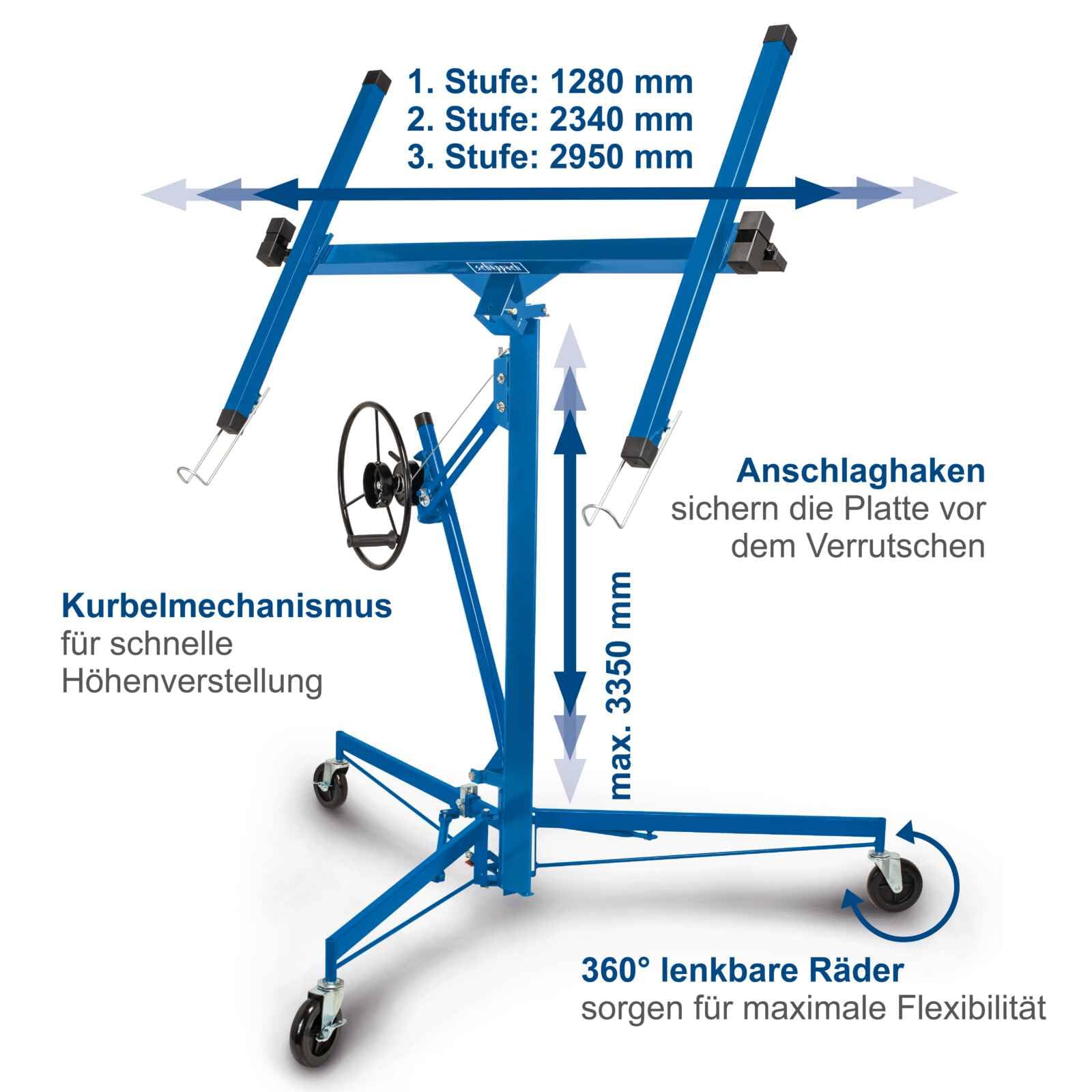 Scheppach XXL-Plattenheber Plattenlift | Plattengröße bis 1,25 m x 4,88m | TBL335 | Trockenbaulift | max 68 kg | bis 3,35m Höhe für Decke und Wand | Montagehilfe
