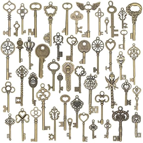 Aokbean 50Pcs Vintage Skeleton Key Charms Set Jewelry Making, Mixed Antique Bronze Keys Pendants for Necklace Keychain Bracelet DIY Metal Crafts Birthday Wedding Favors Christmas Party Decorations Cover