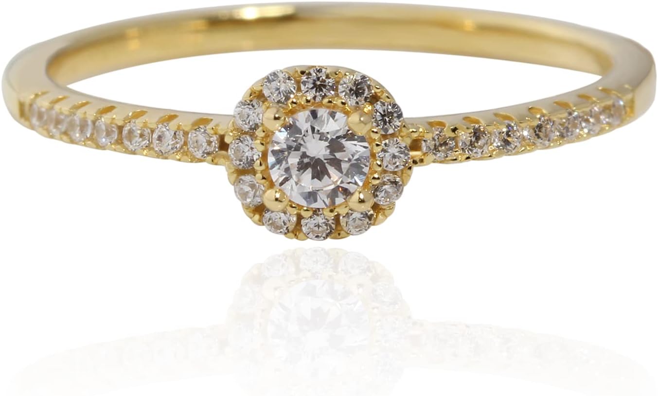 Sterling Silver Rings for Women Dainty Princess Promise Ring Round Cut Halo Engagement Ring Cubic Zirconia Stackable Wedding Bands (Gold, P)