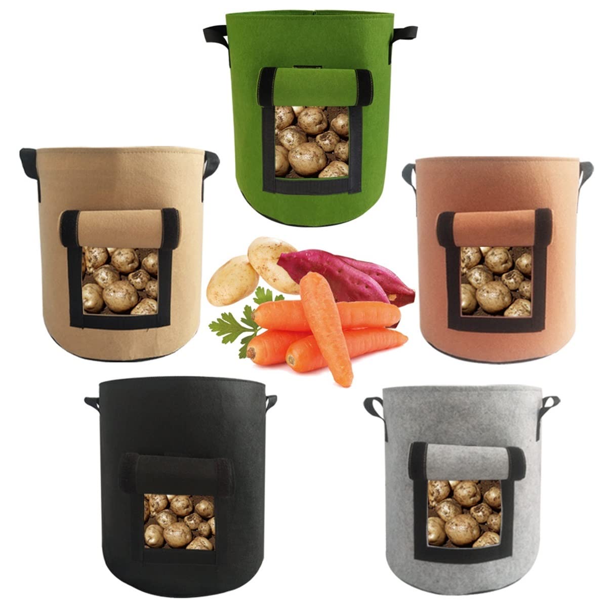 Bolsas de Cultivo de Patatas, 5 Piezas, Resistentes, Reutilizables, multifunción, for macetas de jardín, con Asas y Ventana de Cosecha for Tomate, Fresa y Verduras (Color : Gris, Tamaño : 10 Gallon