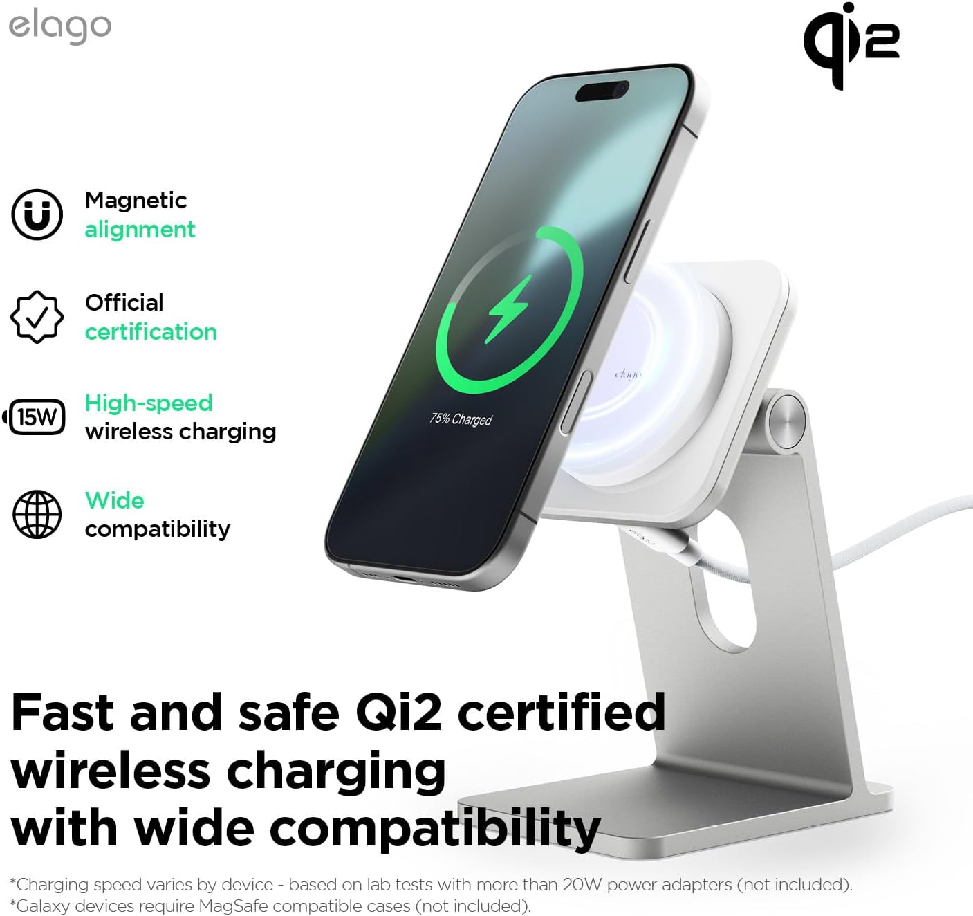 elago Qi2 Wireless Charging Stand for MagSafe Devices, Qi2 Certified 15W Ultra-Fast, Strong Magnet, Adjustable Tilt, Non-Slip Design for iPhone (White)