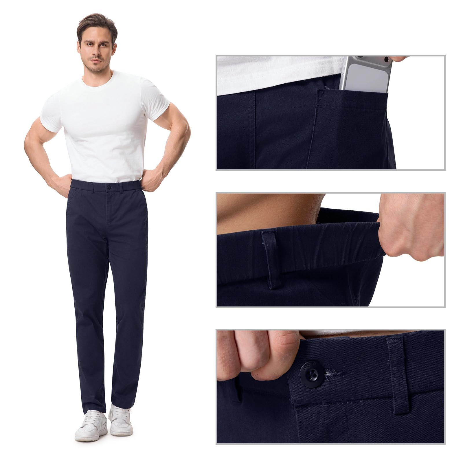 Pantaloni chino da uomo, in cotone, casual, per il tempo libero, vita elasticizzata, con tasche