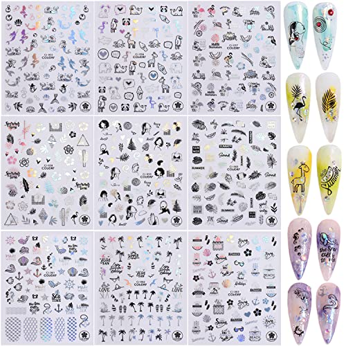 Seaside Beach Nail Art Stickers, Holographic Mermaid Coconut Tree Flowers Leaf Animal Nail Adhesive Sticker, Laser Silver Summer Nail Decals For Women Manicure Charms Decoration, Resin Transfer Decal #TOP5