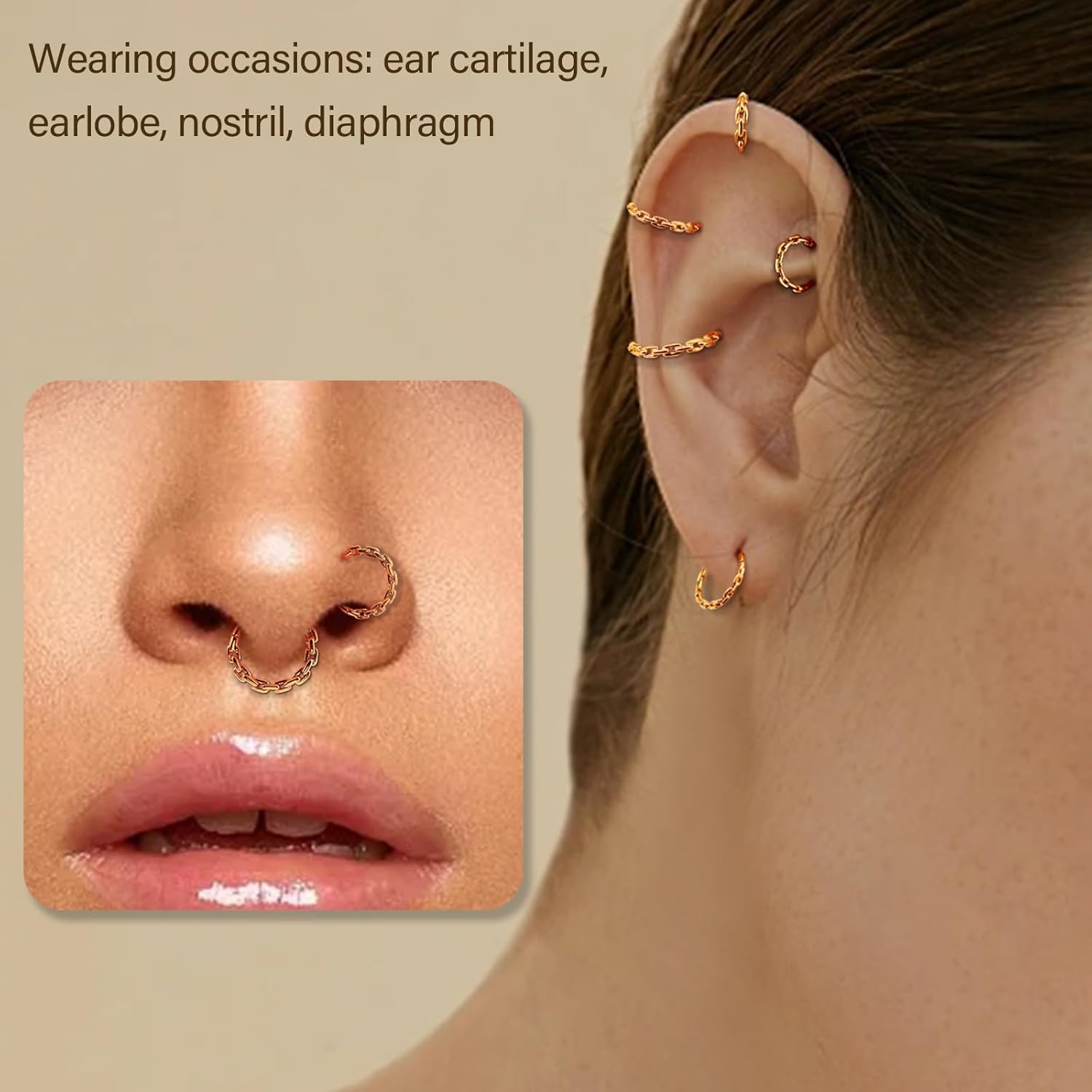 16g サージカルスチール ノーズリングフープ チェーン付き デザイン セプタムリング 6mm 8mm 10mm 12mm 軟骨フー