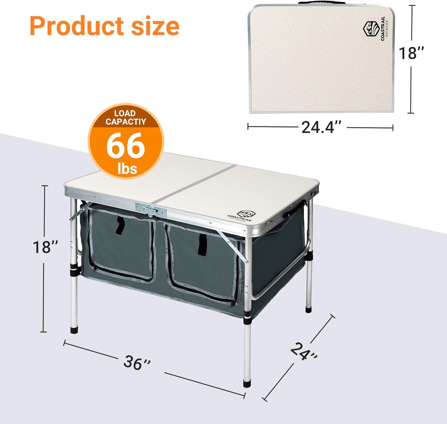 Coastrail Outdoor Folding Camping Table with Storage Height Adjustable Portable Lightweight Camping Table for Party, BBQ, Backyards and Picnic, White, 36 inch X 24 inch X 28 inch : Sports & Outdoors