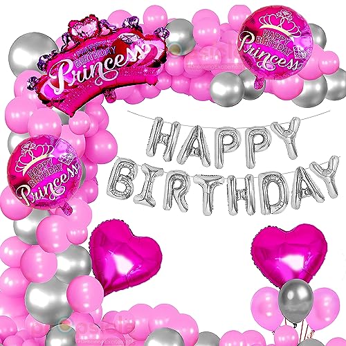 Image of Propsicle Happy Birthday Pink Princess Theme Foil Crown Balloon Bouquet With Silver Happy Birthday Letter Balloon & Pink | Silver Metallic Balloon - Pack of 52