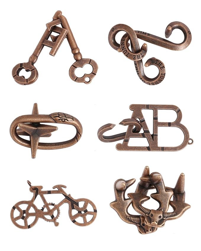 6 PCS Metal Puzzles for Adults, Ancient Bronze Desktop Puzzle Set, Brain Teaser Toy for Kids & Adults, Educational Cognitive Development Game for Travel & Home Use