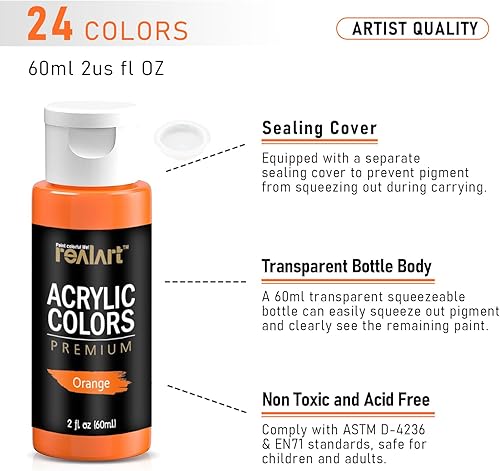 Miniatura 4 de REALART Pintura acrílica a granel de 24 colores (2 onzasbotella) con 10 lienzos y 12 pinceles, juego de pintura acrílica brillante, pinturas