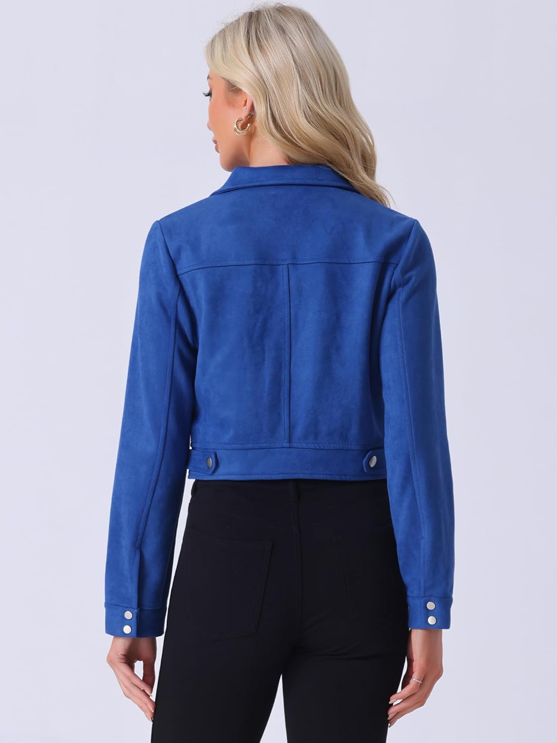 Allegra K Women's Faux Suede Jacket Button Down Collar Pockets Crop Moto Biker Coat - Image 4