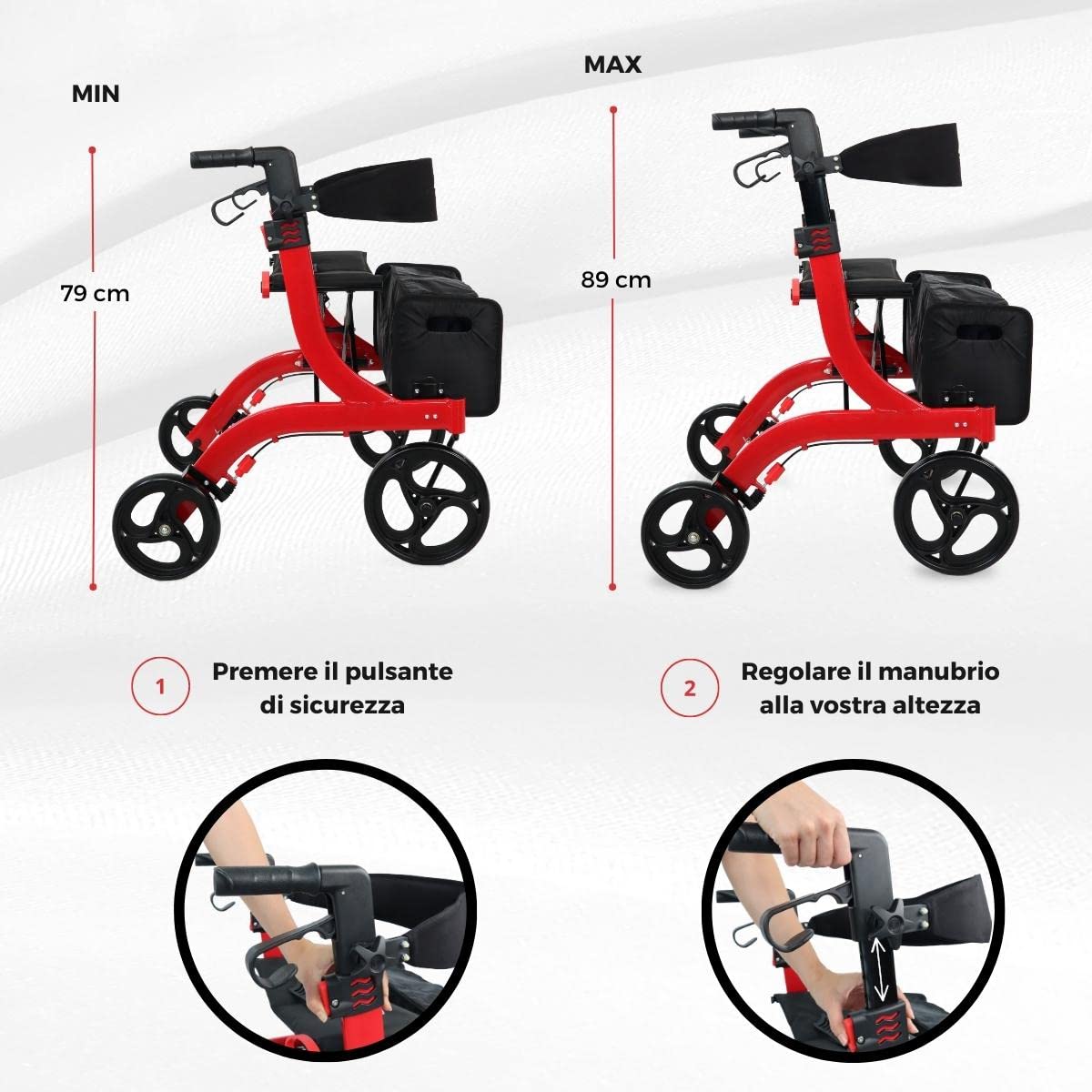 Mobiclinic® pro, Deambulatore per anziani, Pieghevole con una sola mano, Ruote grandi, Doppio sistema di frenata, Invicto, Allterrain, Cestino ampio, Sedile e schienale imbottiti, Altezza regolabile