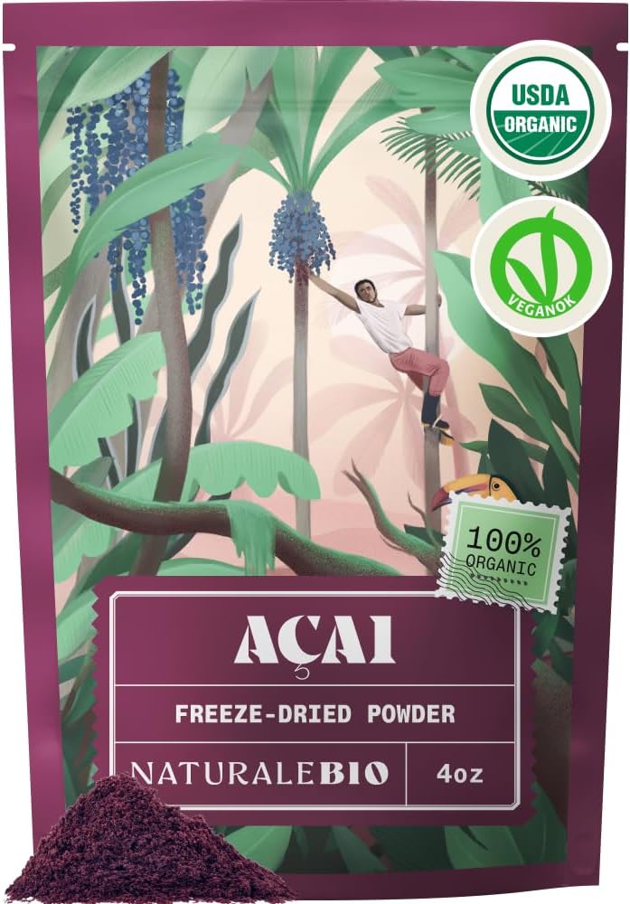 NaturaleBio Acai Powder Organic 4oz - Freeze Dried - Pure Organic Acai Berry Powder (Freeze-Dried) from Brazil, Dried, Raw Food and Extract of Pulp of Acai Berry Fruit
