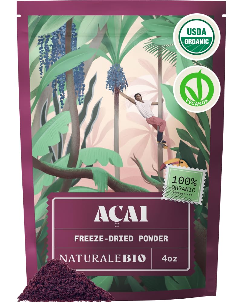 NaturaleBio Organic Acai Berries Powder - Freeze-Dried - 100g. Brazilian Acai, Lyophilised, Raw. Extract from A?ßai Berry Pulp. Vegan & Vegetarian Friendly