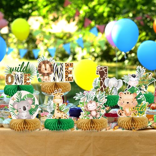 Image of Wild One Birthday Decorations Jungle Baby Shower Honeycomb Centerpieces for Boys and Girls,8 Pcs Safari Centerpieces and Confetti Table Decorations, Safari Jungle Animals Party Decor