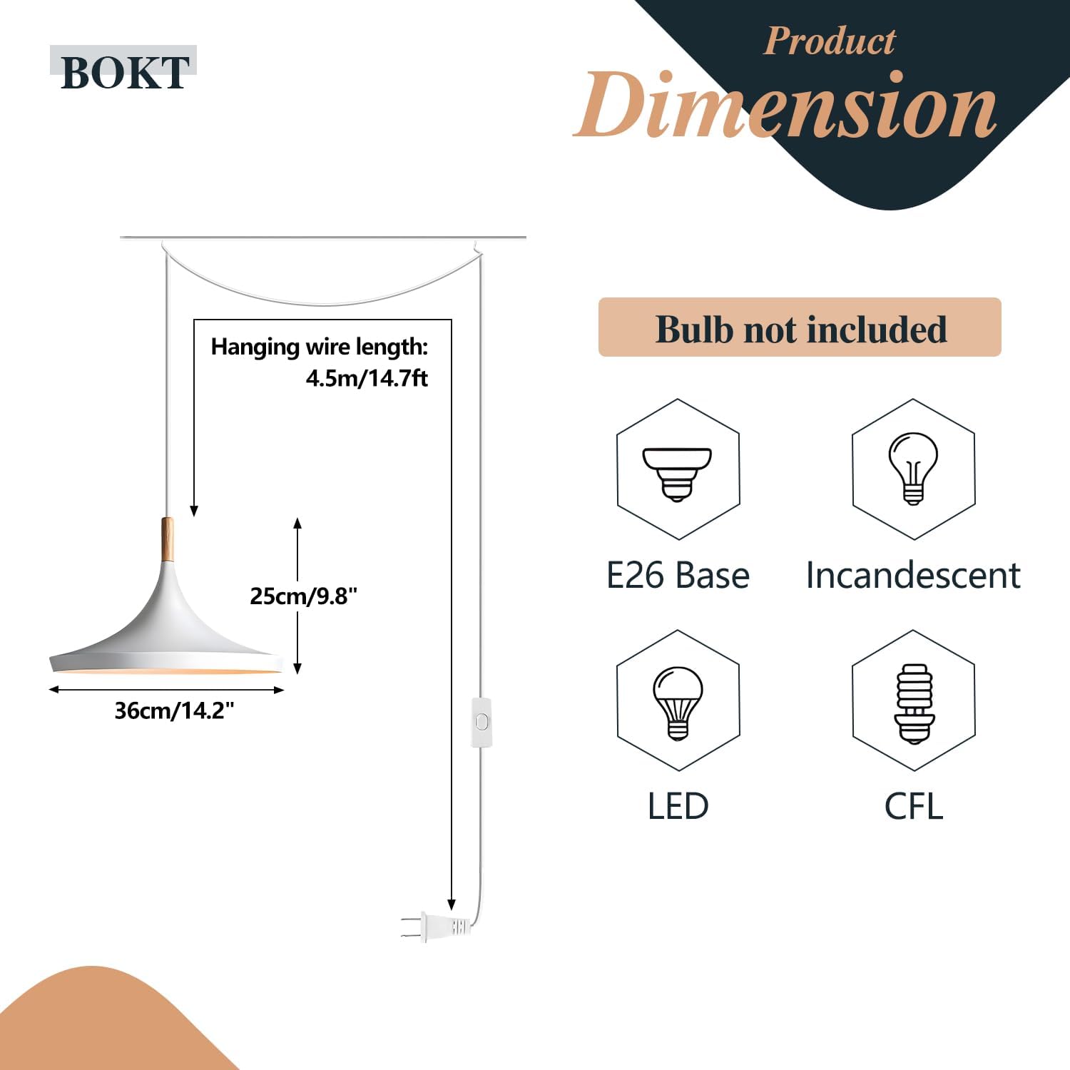 BOKT Plug in White Barn Pendant Light Retro Industrial Single Matte White Plug in Hanging Lamp Large Farmhouse Kitchen Island Bar Pendant Light Fixture Vintage Ceiling Light with Plug in Cord