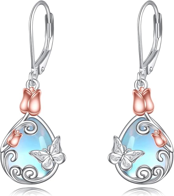 VONALA Dragonfly/Butterfly/Bee Leverback Earrings for Women, 925 Sterling Silver Moonstone Dangle Drop Earrings Jewellery Birthday Gifts for Her