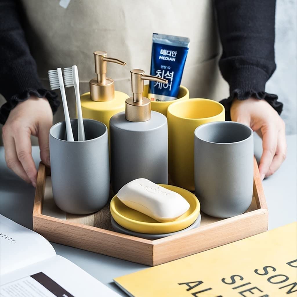 Dispenser Sapone Set di Dispenser Sapone in Ceramica da 3 Pezzi con Portasapone E Tazza per Collutorio Accessori per Il Bagno in Tinta Unita, Flacone per Lozione 350 Ml/11,5 Once per Bagno(B)