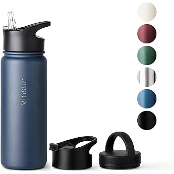 Vinsun Stainless Steel Water Bottle 500 ml Leak-Proof Suitable for Carbonated Drinks BPA-Free 3 Lids Thermos Flask Dark Blue Sports Outdoors School University Bicycle Office Hiking