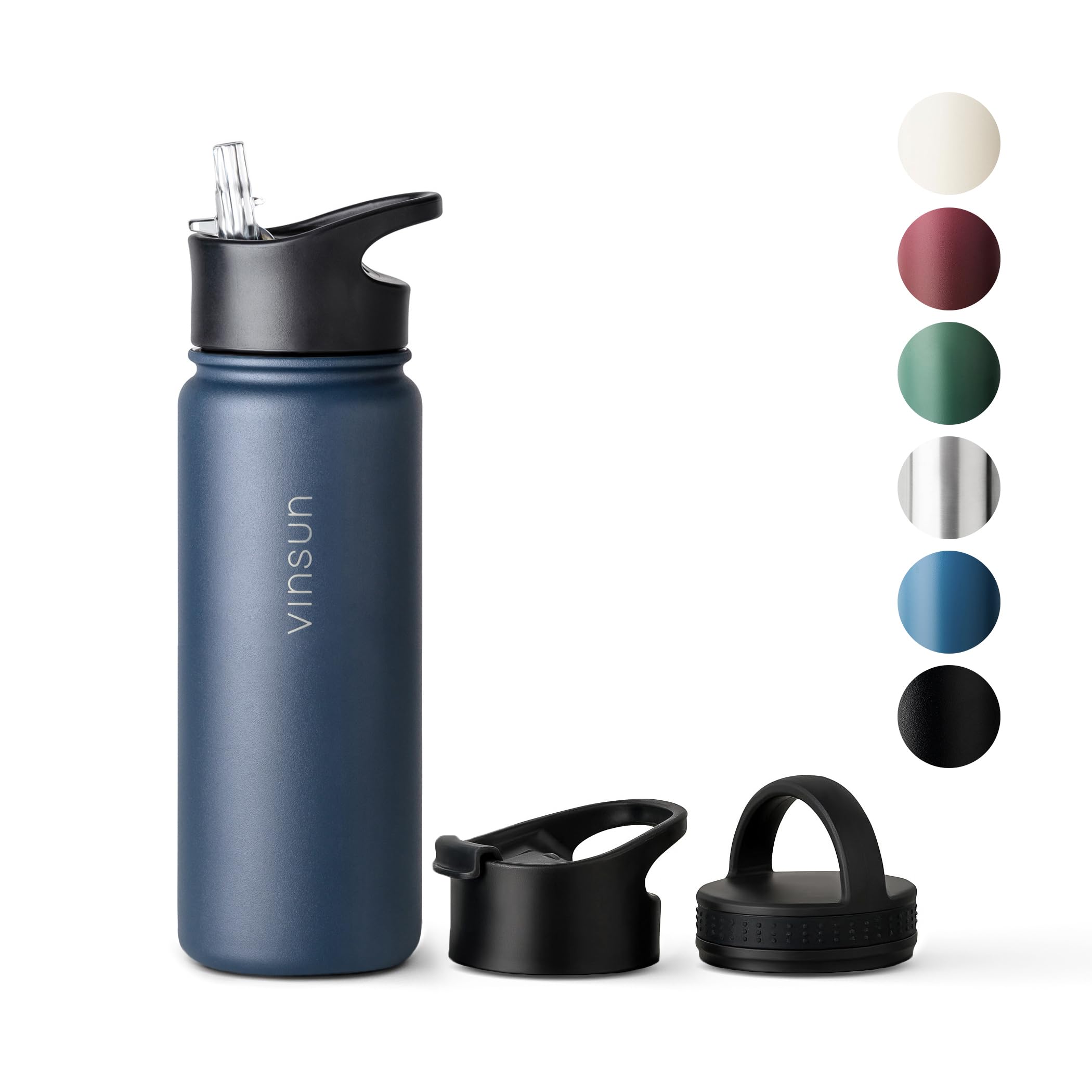Vinsun Stainless Steel Water Bottle with Straw 500ml, 3 Lids, Leakproof, BPA Free, Hot and Cold Drinks