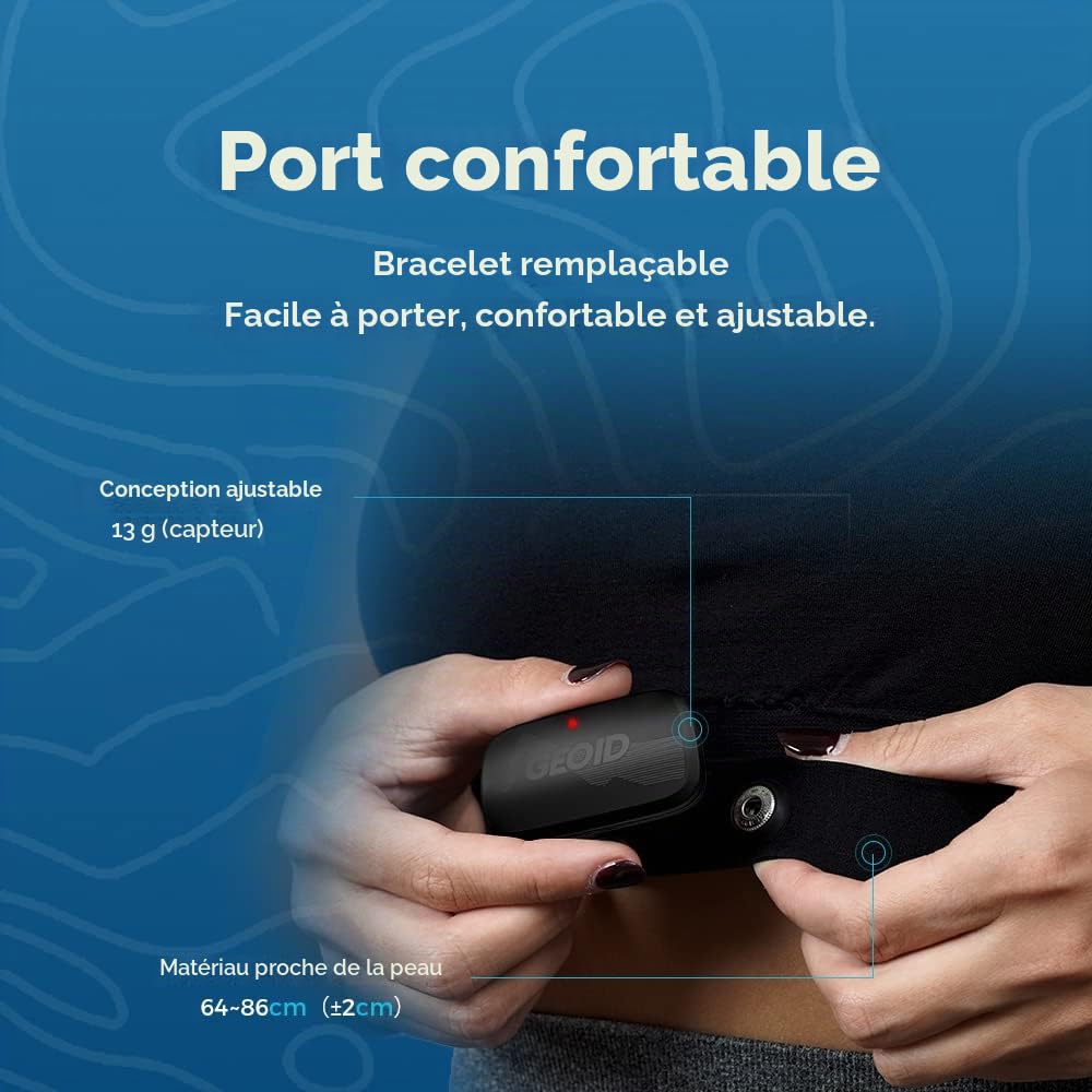 GEOID HS500 Moniteur de fréquence Cardiaque Sangle de Poitrine, Bluetooth 4.2/Ant+, Capteur de fréquence Cardiaque étanche IP67, Compatible Wahoo, Zwift