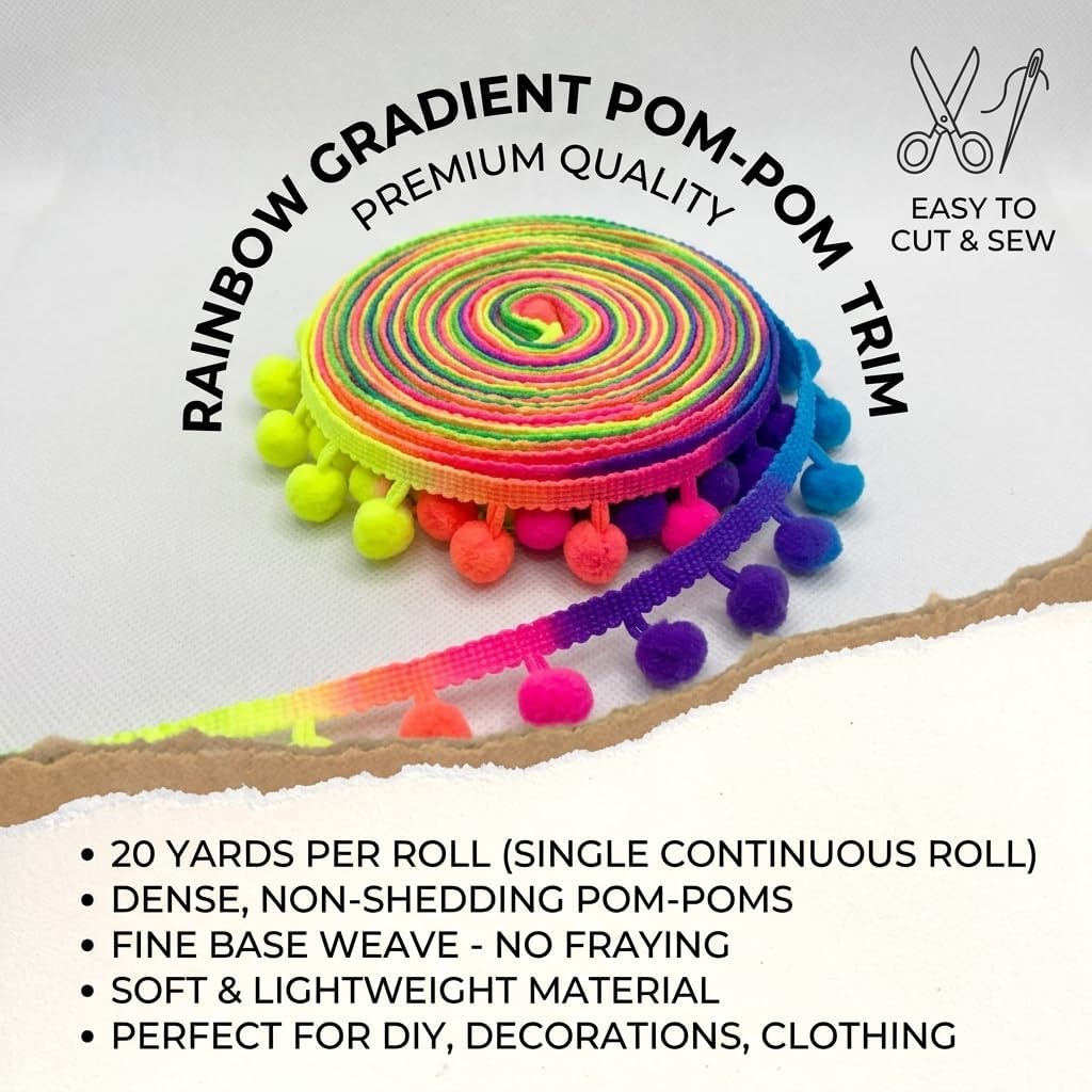 1Roll Rainbow Pom Pom Trim, Rainbow Pompom Ribbon for Sewing Crafts