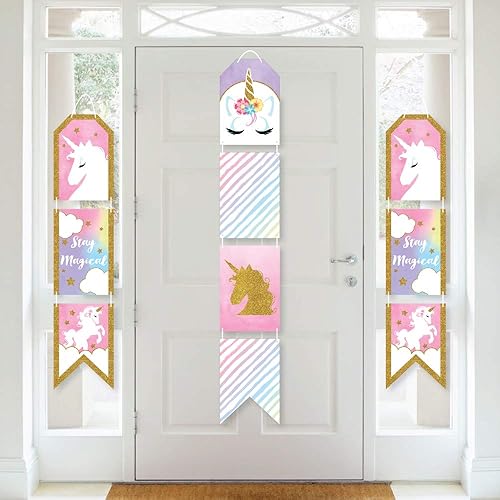 Big Dot of Happiness Unicornio arcoíris  Pancartas verticales colgantes de papel para puerta  Kit de decoración de pared de unicornio mágico para