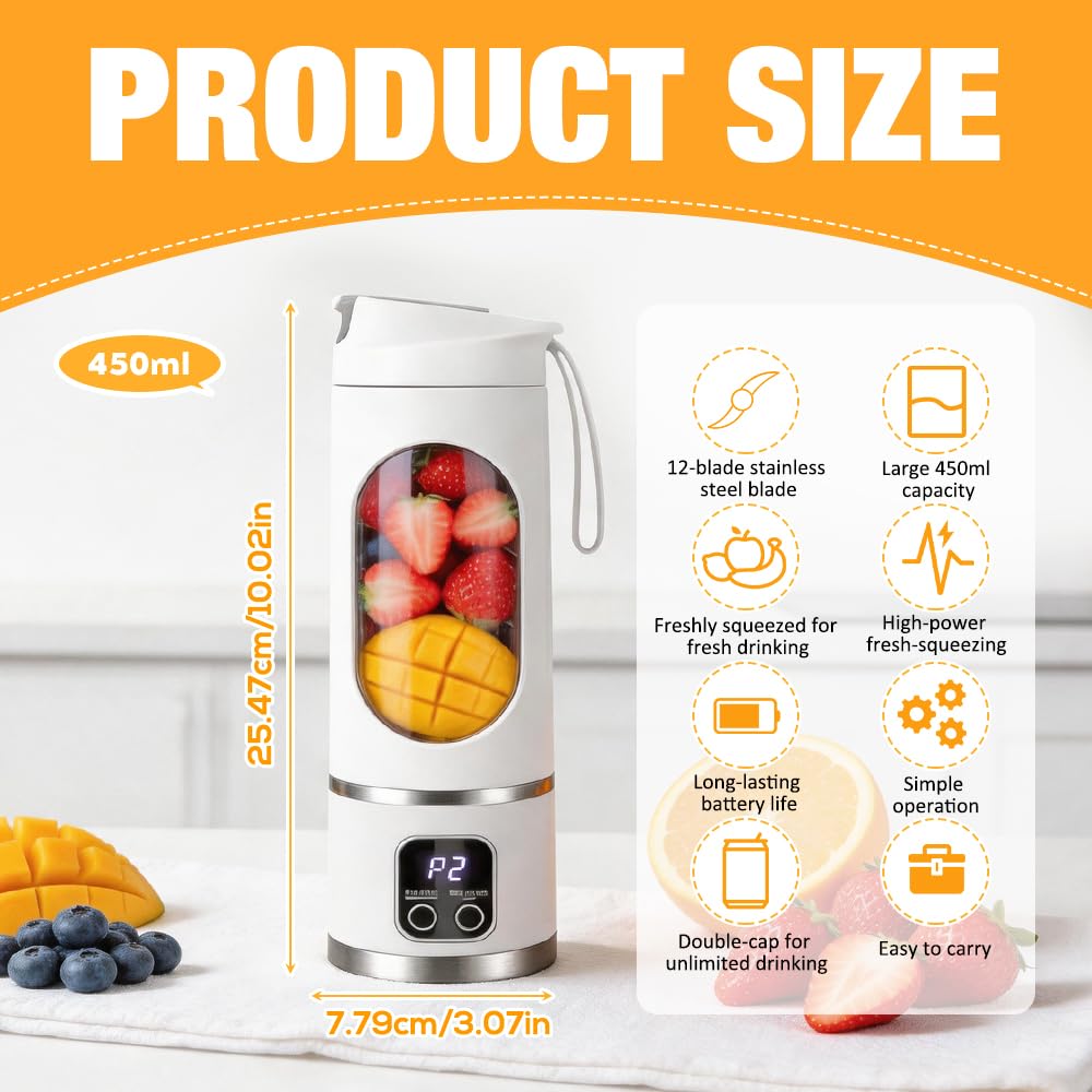 Tragbarer Mixer Smoothie Maker, 450 ML Mini Mixer to go mit 12 Rostfreien Klingen, USB Aufladbarer Mini Mixer für Shakes und Smoothie, Portable Blender für Küche, Büro, Reise, Sport(Weiß)