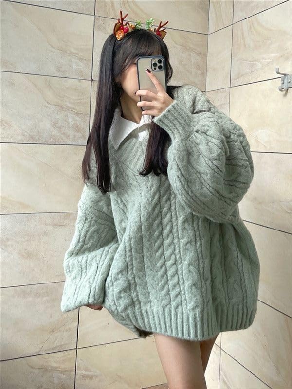 Image of Women's Y2K Oversized Chunky Cable Knit Sweater Casual Long Sleeves V Neck Pullover Tops