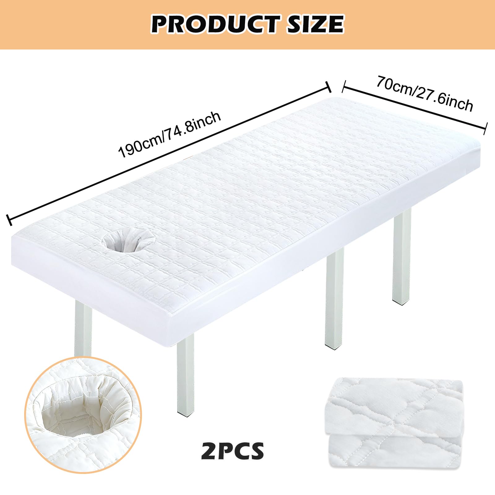 Pokrowiec na stół do masażu z otworem, 2 sztuki, pokrowiec na stół do masażu, 70 x 190 cm, nadaje się do prania, poszewka na kołdrę na stół kosmetyczny i ławki terapeutyczne, biały