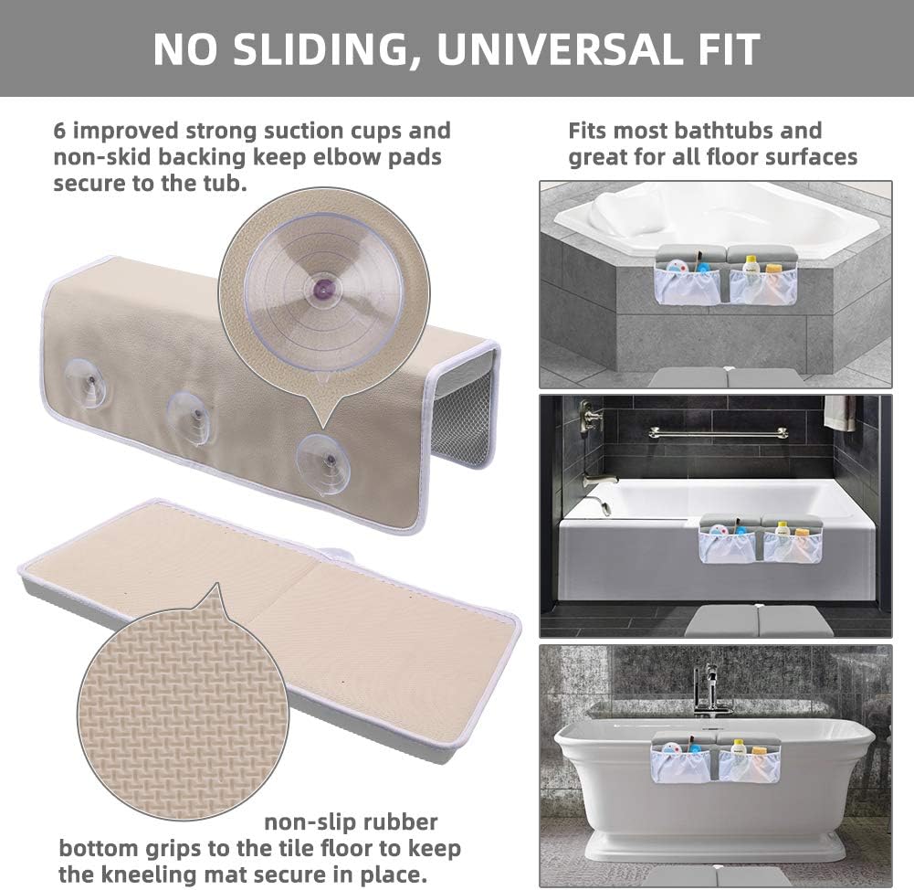 Bath Kneeler and Elbow Rest Set Baby Bath Kneeling Pad, Thick Non-Slip Bathing Kneeling Mat Cushion Quick Drying Bathtub Knee Saver with Arm Support and Pockets for Bathroom Bathing time Comfort, Gray