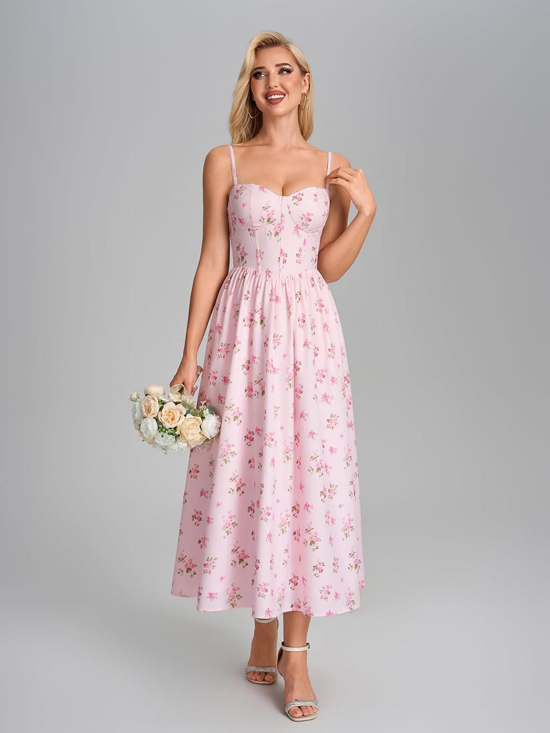 Parthea Summer Floral Corset Midi Dress Lace Spaghetti Straps Flowy A Line Casual Wedding Guest Dresses with Pockets - Image 4