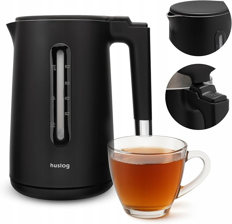 huslog Bollitore elettrico da 1,5 l, 2200 W, Double Wall Cool-Touch in acciaio inox 304, senza BPA, con indicatore del livello dell'acqua, base a 360°, protezione contro il secco, nero