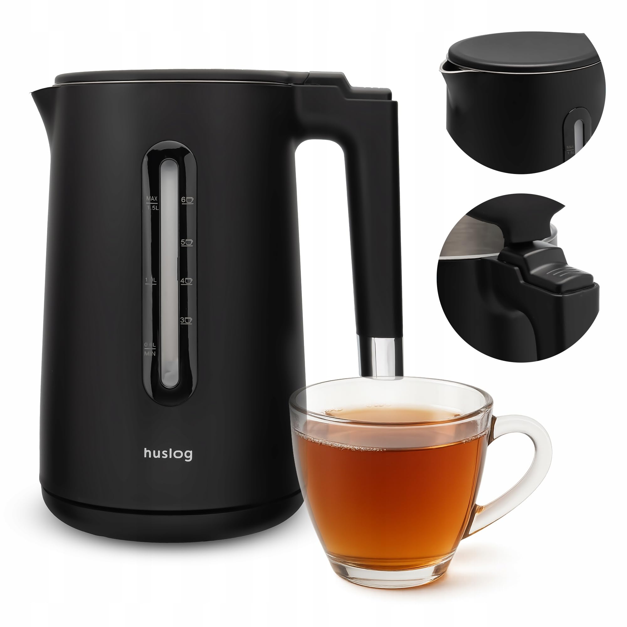 huslog Bollitore elettrico da 1,5 l, 2200 W, Double Wall Cool-Touch in acciaio inox 304, senza BPA, con indicatore del livello dell'acqua, base a 360°, protezione contro il secco, nero