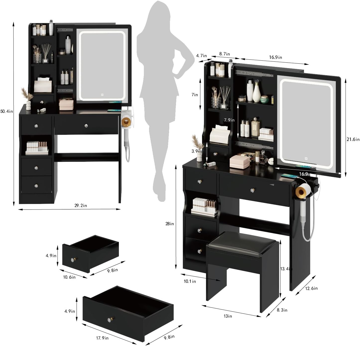 29.2" W Small Vanity Desk with Mirror, Makeup Vanity Set with 4 Drawers and 6 Shelves, Dressing Table for Bedroom, Girls and Women