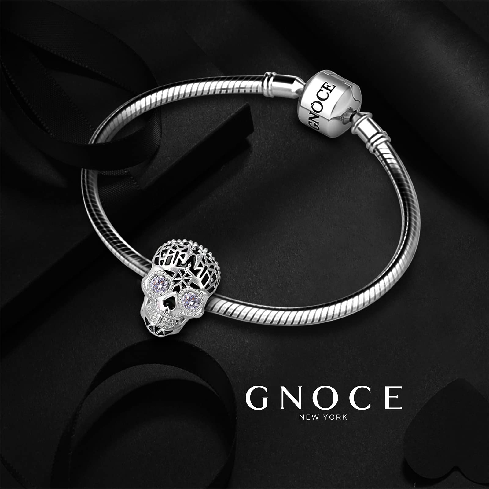 GNOCE Punk Skull Charms Beads 925 Sterling Silver Charm Bead Con Cubic Zirconia Stone Adatto a Tutti i Bracciali/Collana Regalo Fatto a Mano Per Amico