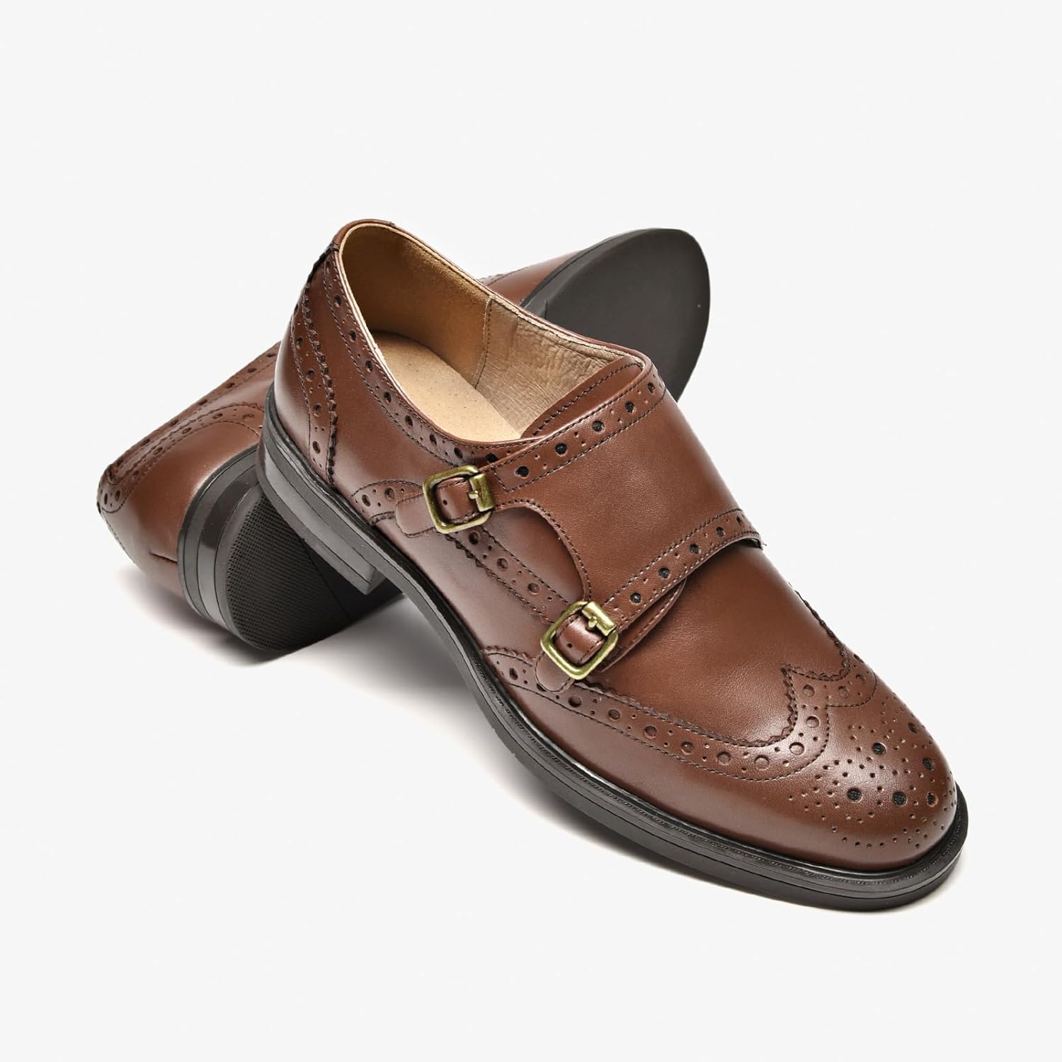 BEAU TODAY Women's Leather Loafers, Monk Strap Womens Oxfords, Comfort Office Business Ladies Casual Shoes, Double Buckles Deign, Brogue Wingtip Slip-on - Image 7