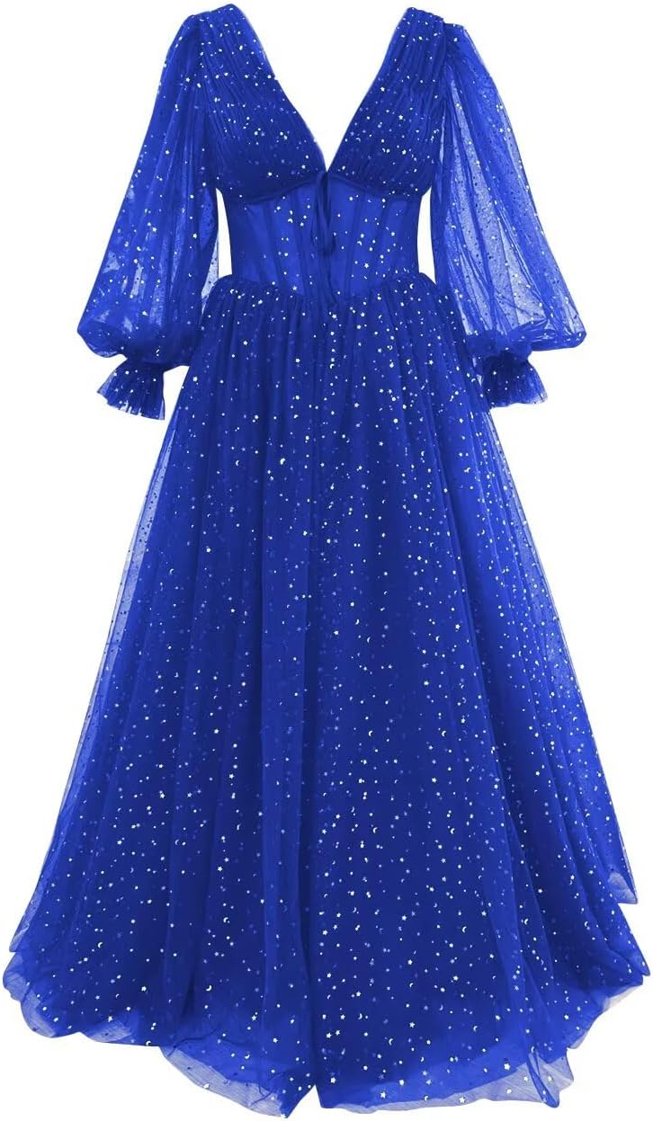 GARDOM Sparkly Starry Tulle Prom Dresses with Sleeves for Teens Long Puffy Sleeve Ball Gown Formal Evening Gown Pockets