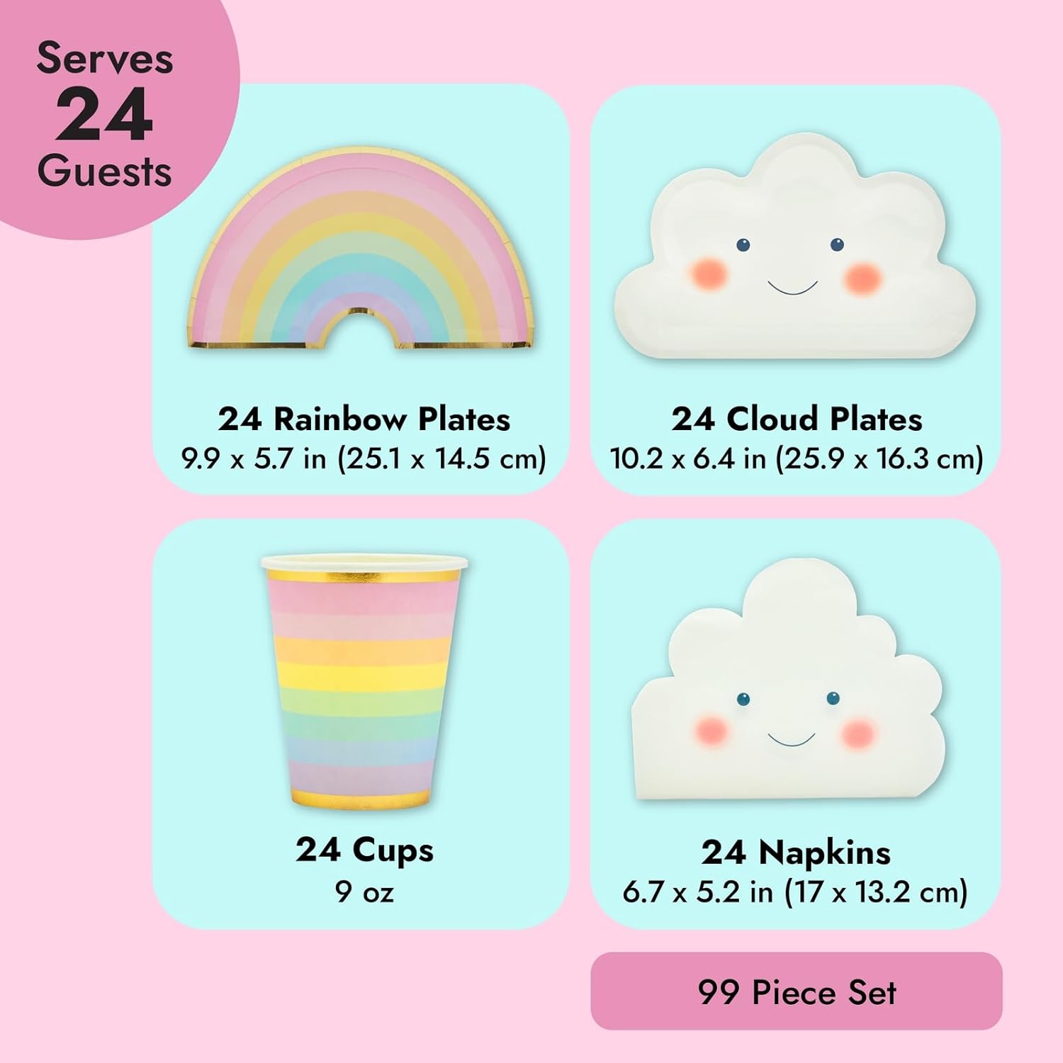 BLUE PANDA Rainbow Party Decorations Set - 99-Piece Set, Serves 24, Pastel Rainbow & Cloud Theme - Includes Cloud Plates - Multicolor Plates & Napkins - Happy Birthday Banner - Image 5