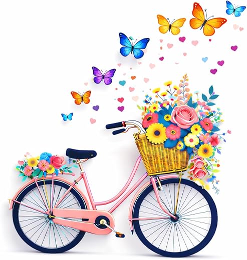 RNG GRAPHICS Floral Bicycle Wall Sticker with Butterflies, Vinyl Self Adhesive Wall Décal for Living Room, Bedroom &amp; Kids ...