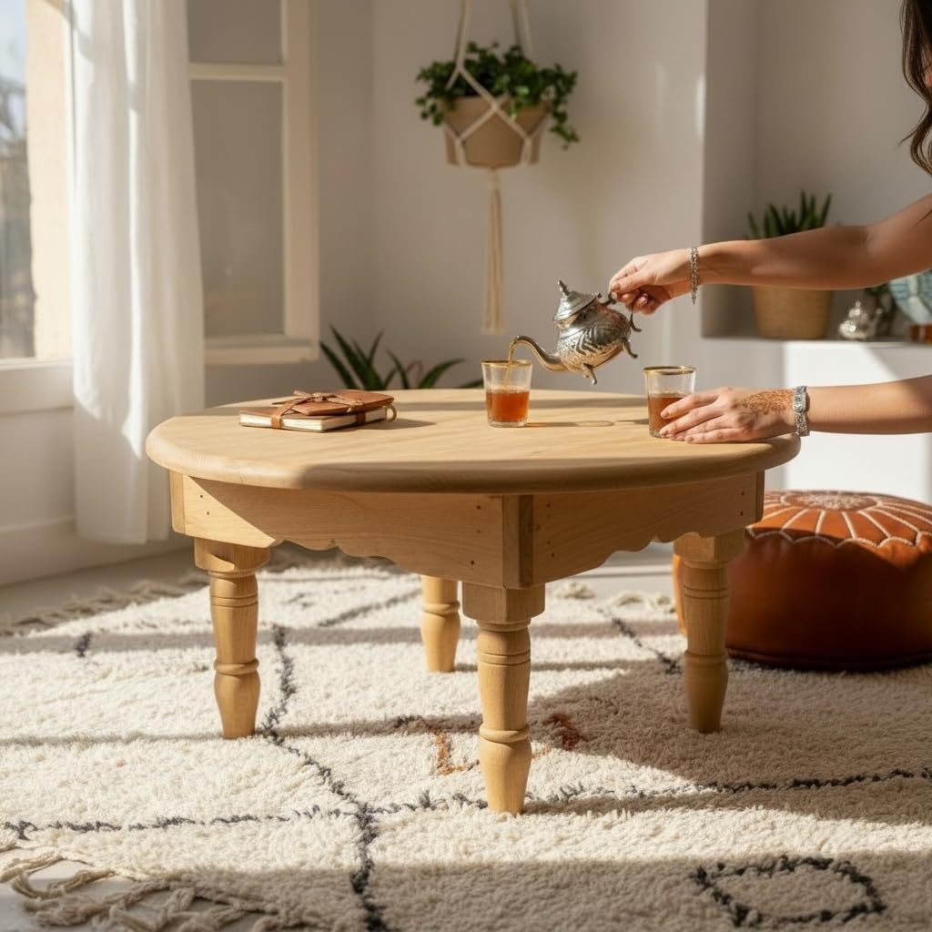 Tavolino Marocchino Etnico in Legno Grezzo di Cedro, Diametro 60 cm